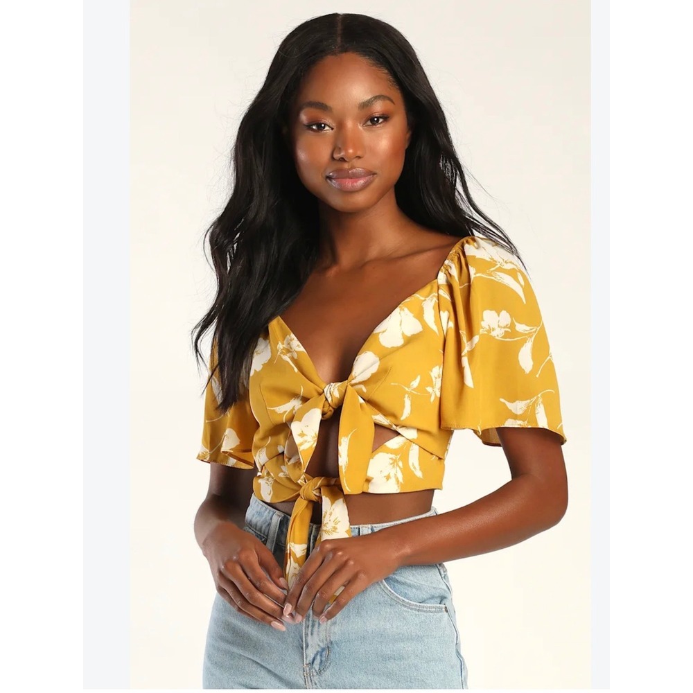 Lulus Mustard Yellow Floral Tie Front Smocked Crop Top Short Flutter Sleeve S